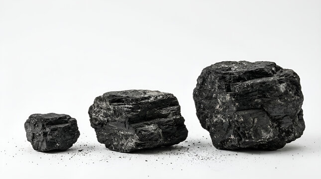 Three black coal lumps glossy rough textured lined up small medium large size left to right black dust scattered on clean white surface soft shadow minimalist studio
