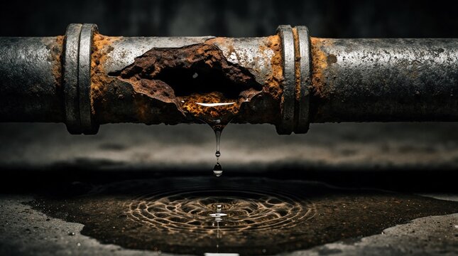 Corroded rusty metal pipe leaks water in dark basement. Water drips from broken hole into puddle on damp concrete floor. Severe plumbing damage causes moisture problem, hazard in old utility room.