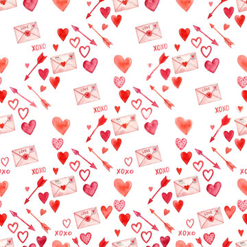 Seamless pattern featuring watercolor hearts and love letters on a white background for design with Watercolor pattern displays hand painted hearts envelopes arrows text white