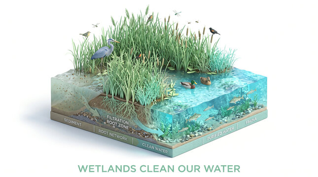 Cross section diagram of a wetland ecosystem showing the natural water filtration process with diagram illustrates how wetland vegetation soil layers naturally filter