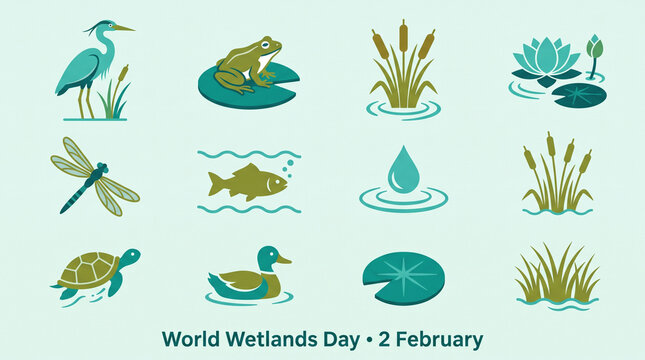 A grid of twelve flat vector icons representing various wildlife and plants in wetland habitats with collection twelve stylized