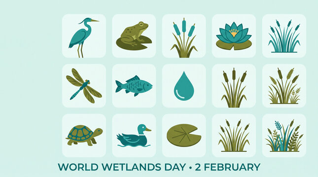 Grid of fifteen flat icons representing wetland wildlife and plants for world wetlands day event with wetland ecosystems arranged arranged light background