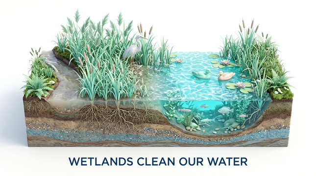Cross section diagram showing a wetland ecosystem filtering water with plants with ecosystem illustrates how layers naturally filter aquatic plants soil sustainability