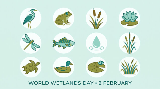 Set of twelve flat icons featuring wetland animals and plants for world wetlands day celebration with collection twelve circular