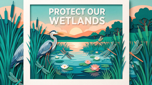 A paper cut style illustration of a wetland landscape with a heron with layered paper craft scene depicts wetland habitat heron dragonflies water lilies environmental
