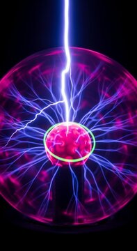 Electric Plasma Ball with Glowing Purple Discharges and Central Lightning Bolt ideal for science education and technology backgrounds. Vertical. Portrait Orientation.