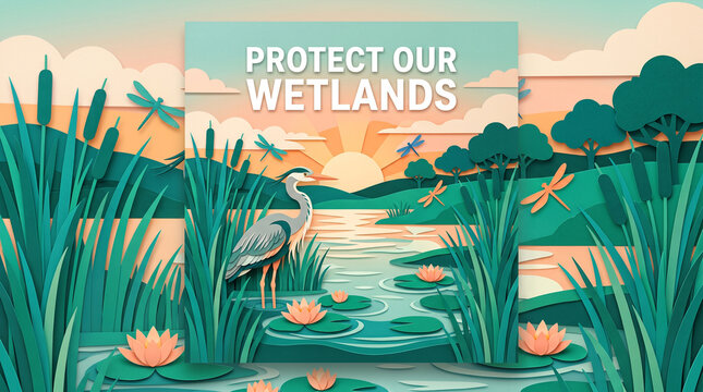 A paper craft illustration of a grey heron standing in a wetland at sunrise with marshy wetland water stylized paper craft scene environmental conservation preservation