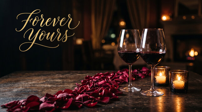 Two wine glasses filled with red wine beside scattered rose petals on a wooden table with petals lit candles sit dark wooden togetherness celebration anniversary with arrangement