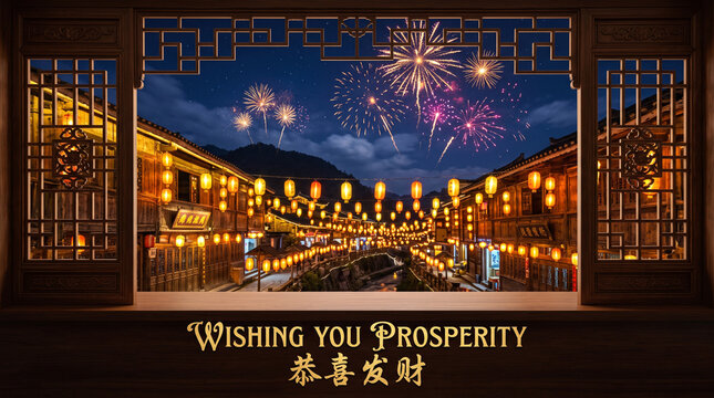 A view through a wooden lattice window of a town at night with fireworks display with Fireworks illuminate night sky above traditional town street decorated glowing paper lanterns