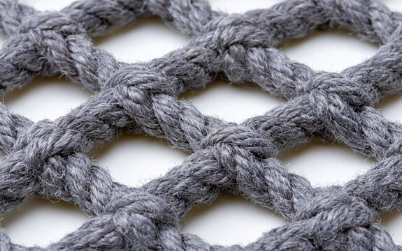 Close up of thick grey rope net. Heavy braided cord forms diamond pattern grid on white background. Strong nylon mesh texture for industrial safety, maritime cargo securing, construction site