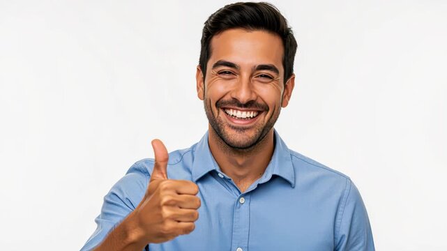 Man Giving Thumbs Up: A cheerful man in a blue shirt smiles warmly and gives a thumbs-up gesture, radiating positivity and approval.