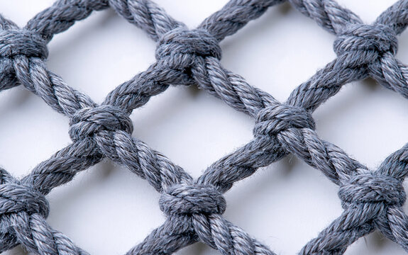 Close up of thick grey rope net. Heavy braided cord forms diamond pattern grid on white background. Strong nylon mesh texture for industrial safety, maritime cargo securing, construction site