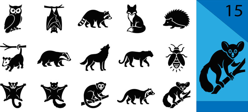 Black nocturnal silhouette icons owl bat raccoon fox hedgehog opossum badger wolf puma firefly glider monkey lemur editable vector illustration