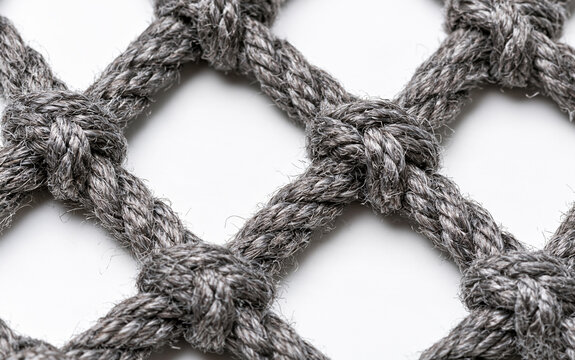 Close up of thick grey rope net. Heavy braided cord forms diamond pattern grid on white background. Strong nylon mesh texture for industrial safety, maritime cargo securing, construction site