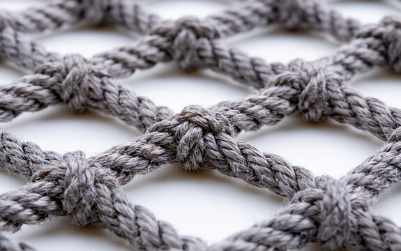 Close up of thick grey rope net. Heavy braided cord forms diamond pattern grid on white background. Strong nylon mesh texture for industrial safety, maritime cargo securing, construction site
