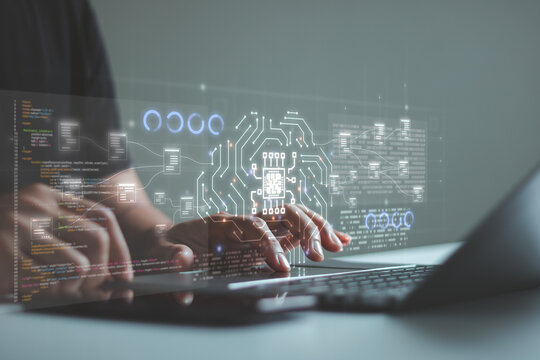 AI, Artificial intelligence concept. Person using AI artificial intelligence in coding software development technology innovation digital transformation. Man using AI to help business and daily life.