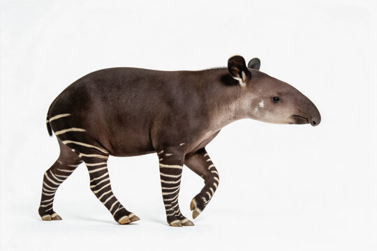 A young striped tapir, a hoofed mammal, stands in profile against a plain white studio background.