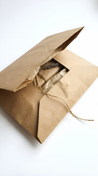 Open kraft paper envelope with twine and dried herbs visible inside