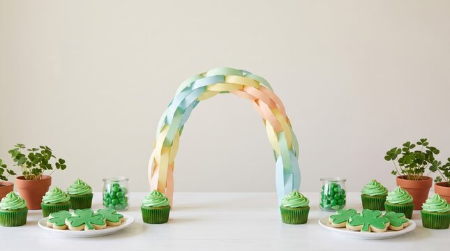St. Patrick's Day rainbow arch with shamrock cookies and green cupcakes. Festive treats and decorations for a joyful Saint Patrick's Day celebration, party, or family gathering.