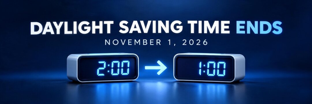 Daylight saving time ends 2026 reminder banner. Digital clocks changing time backward one hour on dark blue background