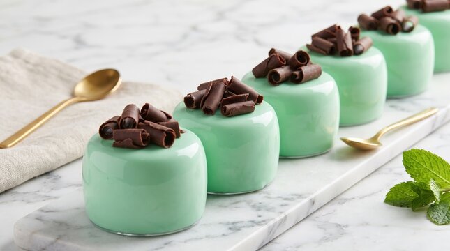 Row of mint green desserts with chocolate curls on a marble board. Festive St. Patrick's Day treats, perfect for holiday celebrations, party menus, and sweet indulgence.
