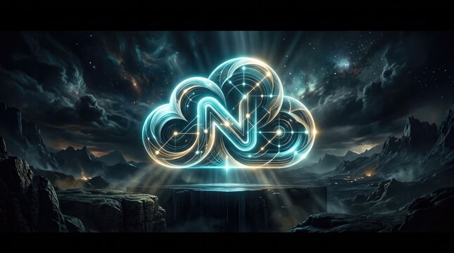 Glowing cloud icon with integrated n pattern floats over dark rocky landscape