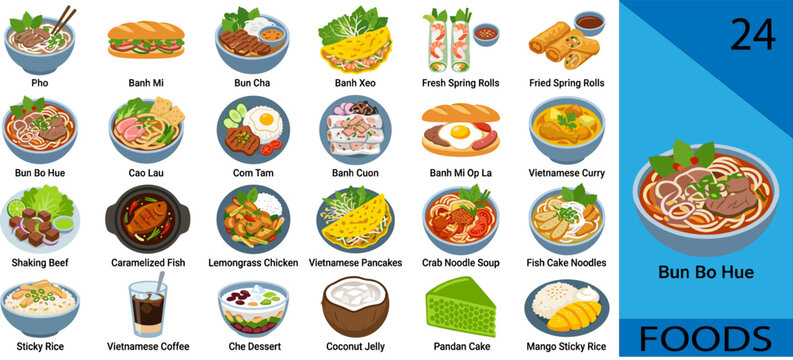 Colorful Vietnamese foods set pho banh mi bun cha banh xeo spring rolls bun bo hue editable vector illustration collection