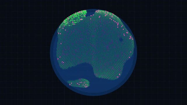 Digital Data Globe Animation: A 3D motion graphic featuring a stylized, rotating blue earth or globe made of digital connections and glowing nodes against a dark background.