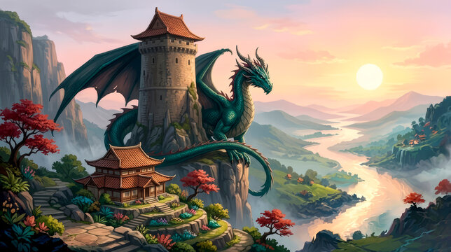 Green dragon perched on ancient stone tower above misty river valley with pagoda and red trees at sunset in fantasy landscape