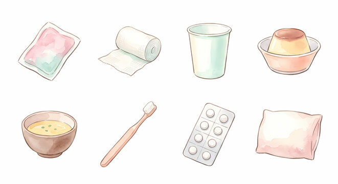 親知らずを抜いた後の口のケア用品 アイコンセット 水彩