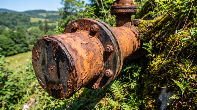 A close-up view of a capped, weathered, and rusty industrial metal pipe set against a lush green natural landscape with hills and forest in the background.