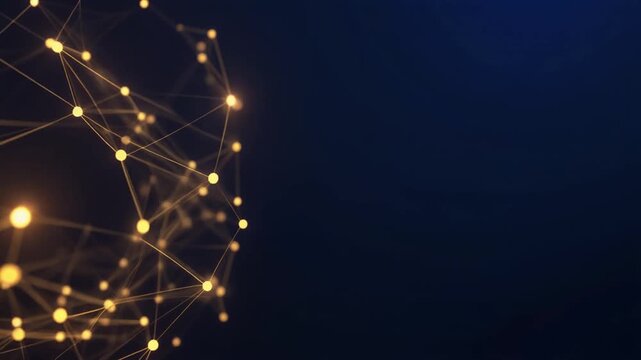 Three-dimensional network of small gold and warm yellow glowing nodes and lines