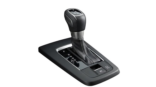 Automatic transmission gear shift lever knob with console isolated on white background for modern vehicle interior