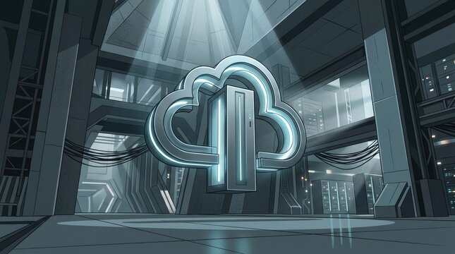 Metallic 3d cloud icon with server tower floats in brightly lit server room