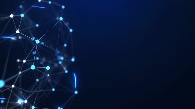 Three-dimensional network of small cobalt blue and white glowing nodes