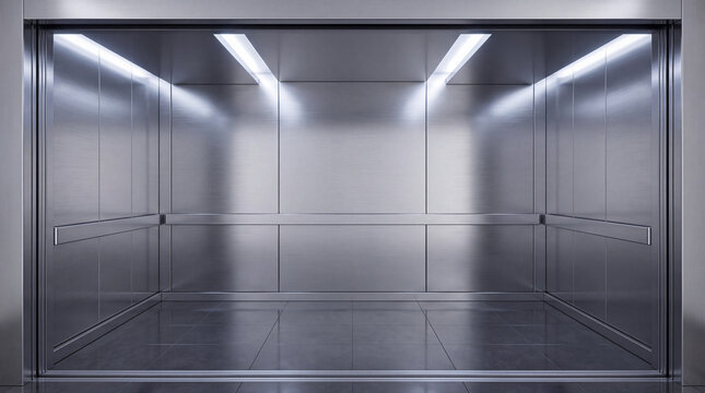 A symmetrical view inside an empty modern elevator with polished stainless steel walls and clean, reflective tile flooring under bright recessed ceiling lights.