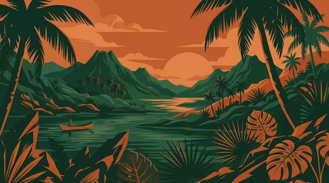 Person paddles a canoe down a tropical river surrounded by palm trees and mountains