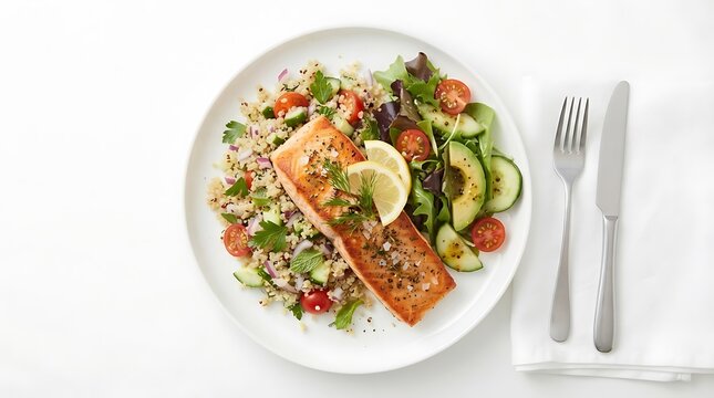 Grilled Salmon Fillet with Quinoa Salad and Fresh Garden Vegetables on a White Plate