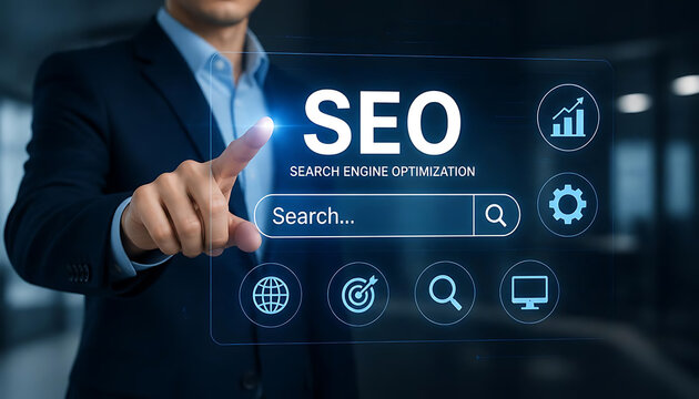 Professional businessman interacting with digital search engine optimization interface