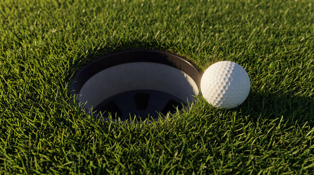 A close-up view of a white golf ball sitting on the lush green grass right on the edge of a golf hole at a course during sunset.