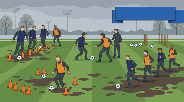 Soccer team practicing drills on a muddy field with cones and obstacles