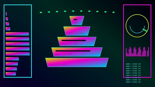 Digital displays showing an agile backlog provide a neon interface for tracking progress across multiple data tiers in a sleek modern software monitoring system