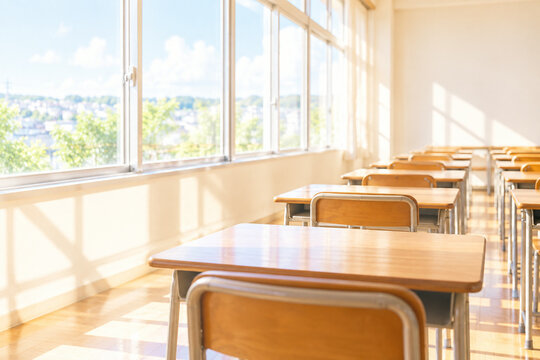 Empty classroom in a Japanese school, wooden desks and chairs in bright morning light by the window