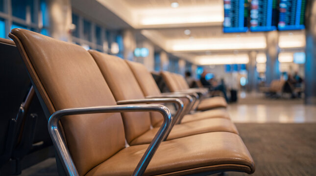 Rows of empty brown leather chairs at an airport gate with a blurred departure flight information board in the background of the modern terminal.