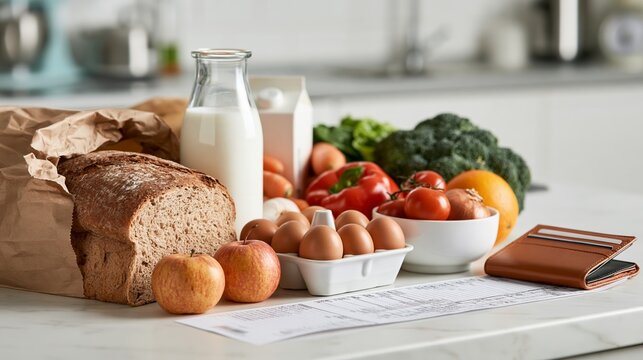 Grocery items with long receipt and empty wallet on kitchen counter showing rise in food prices Generative AI