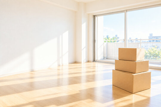 Cardboard boxes in a bright empty room after moving into a new Japanese apartment