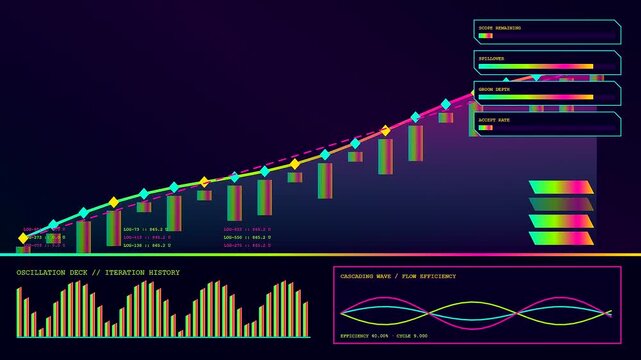 An agile backlog display shows animated charts with colored line graphs and vertical bars moving across a dark digital monitor screen for project management tracking purposes