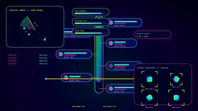 A vibrant agile backlog display showcasing multiple data panels with glowing circular nodes and interactive interface elements captured in a fluid dark digital software environment