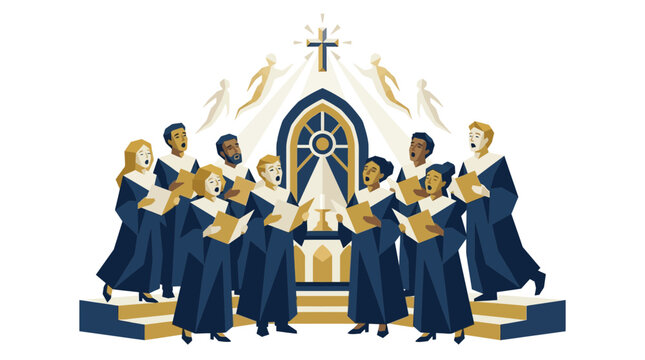Choir singing in a church with angelic figures