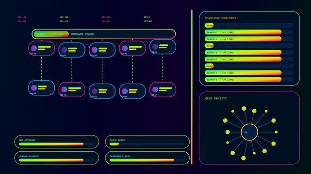 A digital agile backlog interface shows complex system processes with glowing neon graphs and circular loading indicators across three separate monitor screens in dark space
